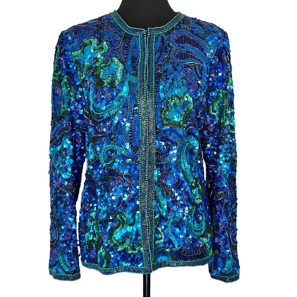 Vintage Laurence Kazar Beaded Sequin Jacket Size Medium Blue Green Swirl